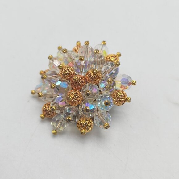 Vintage Gold Tone Filigree Bead AB Glass Crystal Bead Floral Brooch Pin - Picture 2 of 4